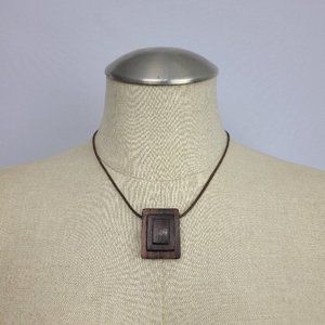 WOOD Pendant Leather Cord Necklace 925 Sterling Silver Clasp